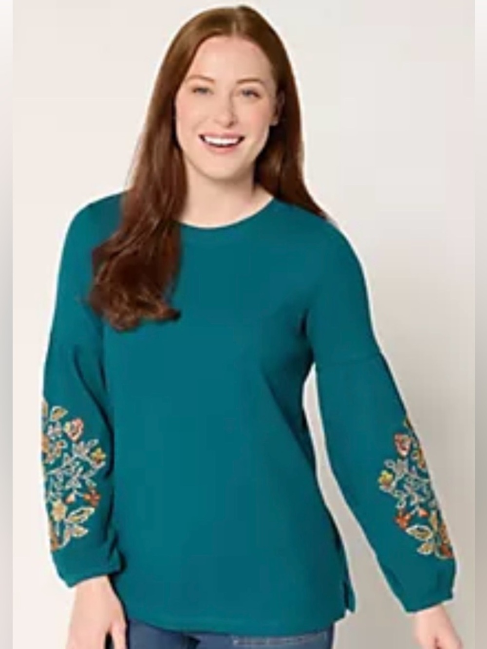 Kim gravel Embroidered Teal Long-Sleeve Women's Top